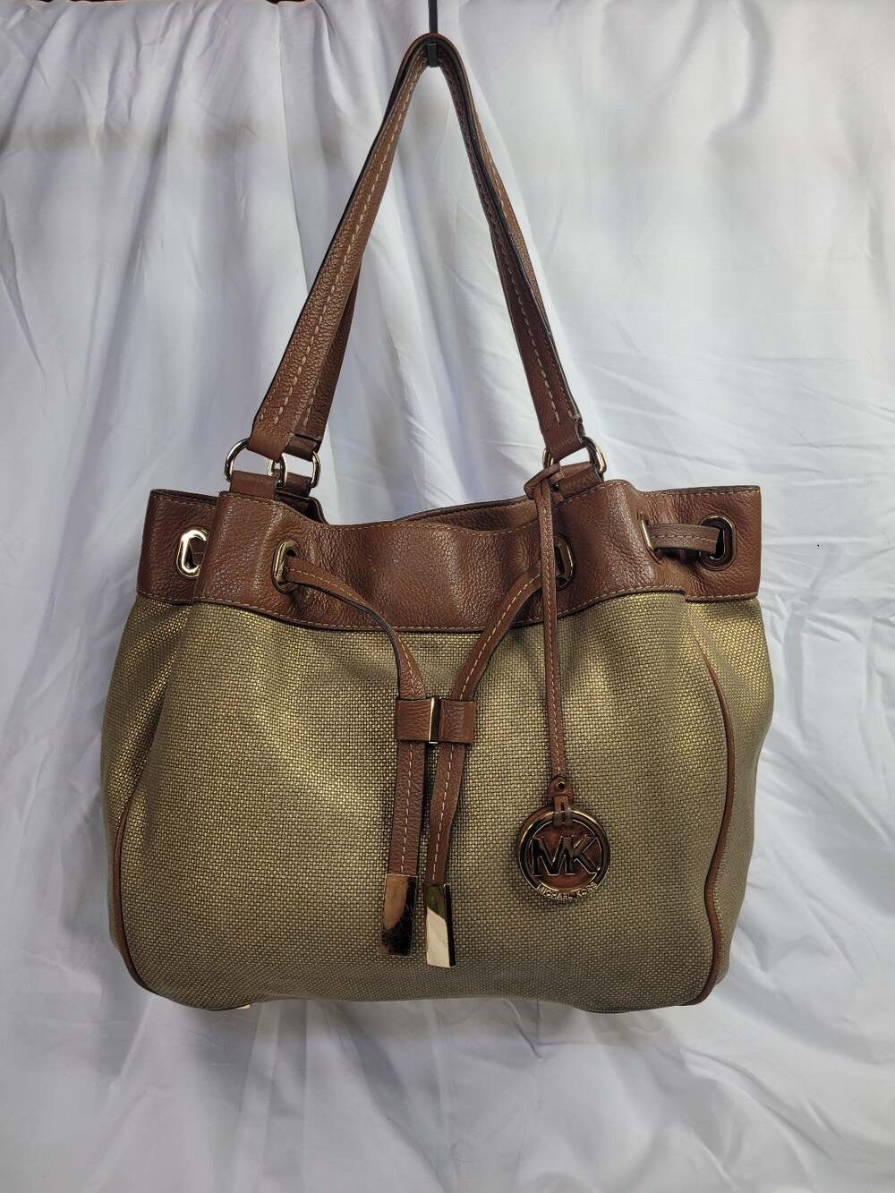 Metallic Canvas and Leather Michael Kors Marina Drawstring Shoulder Bag